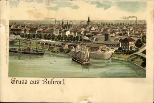 Ak Ruhrort Duisburg im Ruhrgebiet, Stadtansicht, Schiffe im Wasser, Industrieanlagen, alte Archit