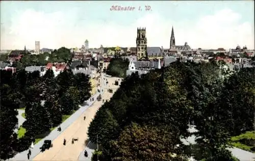 Ak Münster in Westfalen, Stadtansicht mit Kirchen, Bäume, Straßen,  Bauwerke