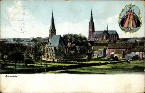 Ak Kevelaer am Niederrhein, Historische Stadtansicht, Kirchen, Häuser, bunte Farben, Wappen