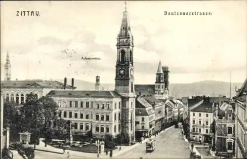 Ak Zittau in Sachsen, Vorderansicht mit dem Johanneum, Bauzenerstraße, alte Architektur, Stadtans