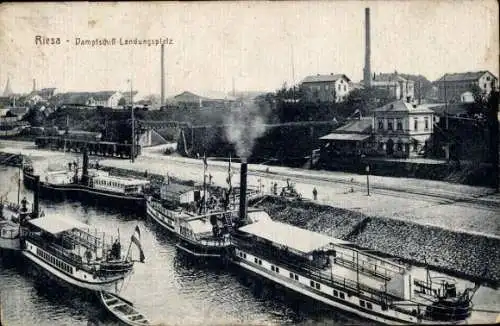 Ak Riesa an der Elbe Sachsen, Dampfschiff Landungsplatz, Elbpartie