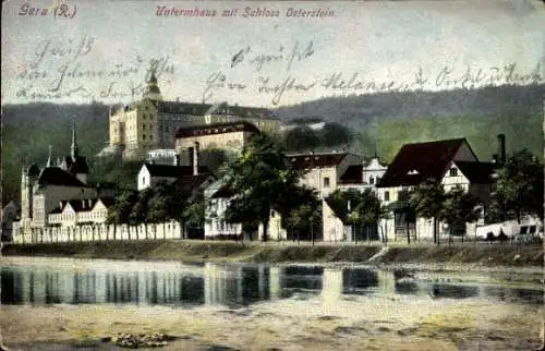 Ak Untermhaus Gera in Thüringen, Untermhaus mit Schloss Osterstein, Blick auf Häuser und Fluss