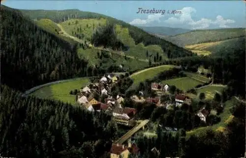 Ak Treseburg Thale im Harz, Landschaftsaufnahme, kleine Ansiedlung, Wald, Berge, Fluss
