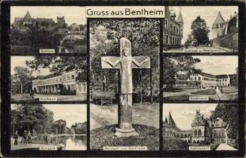 Ak Bad Bentheim in Niedersachsen, Schloss, Kurhaus, Schloss u. Postamt, Badehaus, Kurpark, Herrgo