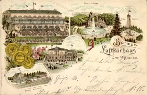 Litho Barmen Wuppertal in Nordrhein Westfalen, Luftkurhaus, Garten und Ruine, Bahnhof