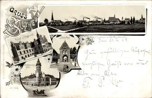 Litho Salzwedel in der Altmark, Amtsgericht, Steintor, Beckmanns Hotel, Panorama vom Ort