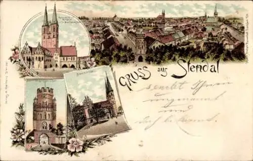 Litho Stendal in der Altmarkt, Rathaus, Roland, St. Marienkirche, Domkirche, Tor, Stadt