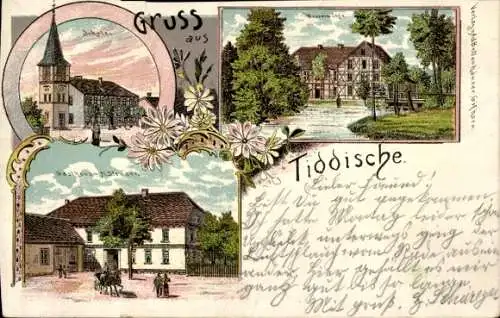 Litho Tiddische in Niedersachsen, Schule, Gasthaus, Wassermühle