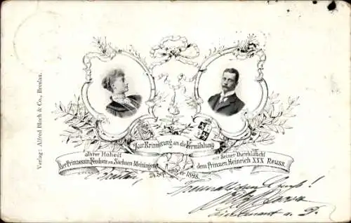 Ak Prinz Heinrich XXX Reuss, Prinzessin Feodora von Sachsen Meiningen, Vermählung 1898