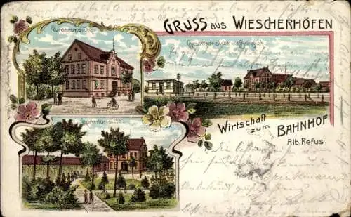 Litho Wiescherhöfen Pelkum Hamm in Westfalen, Wirtschaft zum Bahnhof, Alb. Refus, Bahnhof