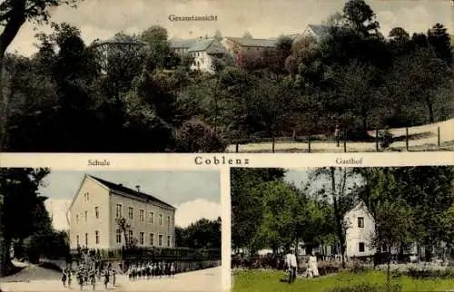 Ak Coblenz Göda in der Oberlausitz, Gesamtansicht, Schule, Gasthof