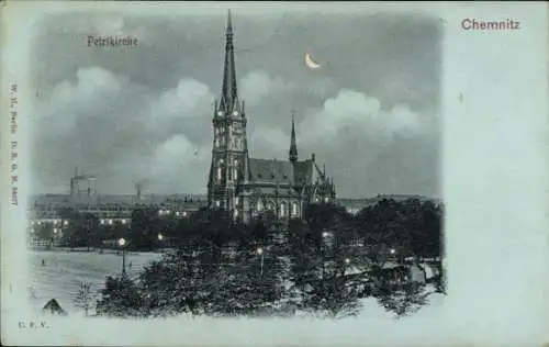 Mondschein Ak Chemnitz in Sachsen, Petrikirche