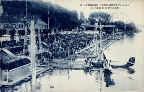 Ak Persan Beaumont Val-d’Oise, Strand, Toboggan, Wasserflugzeug