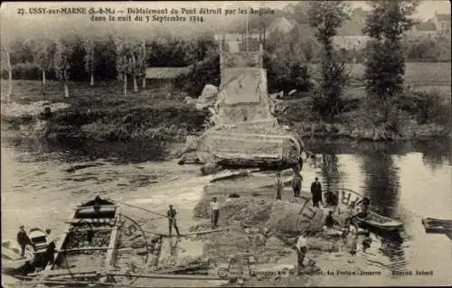 Ak Ussy sur Marne Seine et Marne, Deblaiement du Pont detruit par les Anglais, 3. September 1914