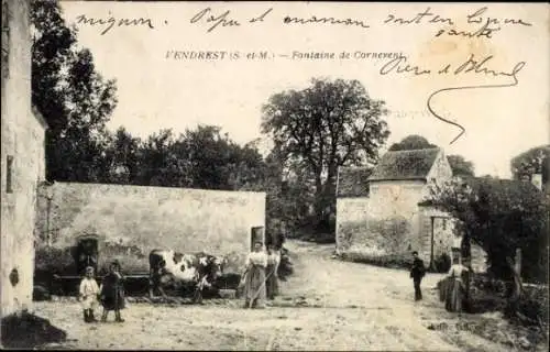 Ak Vendrest Seine et Marne, Schöne Landschaft, Kuh auf der Straße,  Gebäude, Bäume