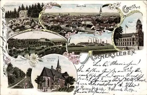 Litho Aschersleben Anhalt, Fabrik, Post, Alte Burg,1897