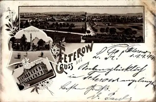 Vorläufer Litho Teterow in Mecklenburg, Gesamtansicht, Kriegerdenkmal, Schulhaus