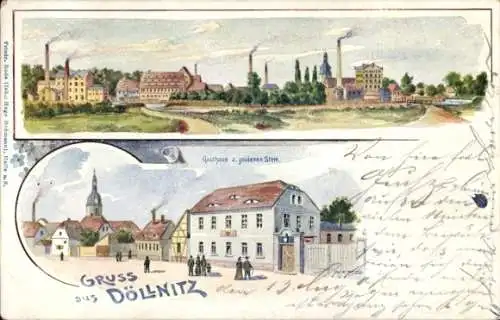 Litho  Döllnitz Schkopau im Saalekreis, Gesamtansicht, Gasthaus zum goldenen Stern