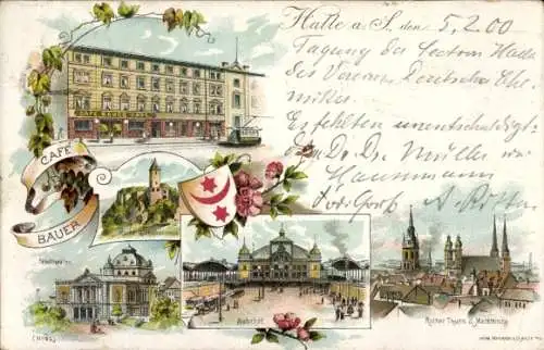 Litho Halle an der Saale, Café Bauer, Giebichenstein, Bahnhof, Roter Turm, Marktkirche, Stadttheater