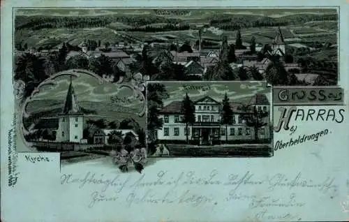 Mondschein Litho Harras Oberheldrungen in Thüringen, Gesamtansicht, Kirche, Schule, Rittergut