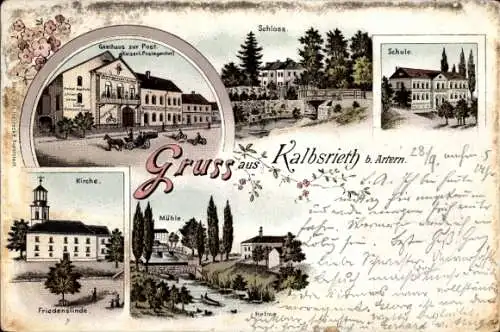 Litho Kalbsrieth im Kyffhäuserkreis, Schloss, Gasthaus zur Post, Kirche, Schule