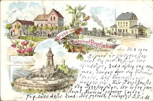 Litho Bretleben an der Unstrut Kyffhäuserkreis, Bahnhof, Gastwirtschaft, Kyffhäuser-Denkmal