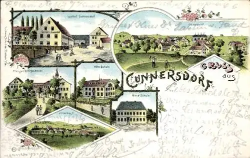 Litho Cunnersdorf Glashütte im Osterzgebirge, Gasthof, alte und neue Schule, Freigut Kretzschmar