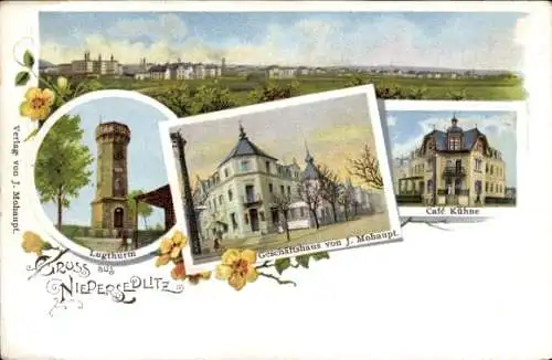 Litho Dresden Ost Niedersedlitz, Panorama, Lugturm, Geschäftshaus v. J. Mohaupt, Cafe Kühne