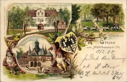 Litho Mühlhausen in Thüringen, Weißes Haus, Poppenrode, Hirschplatz, Wappen, Zwerge