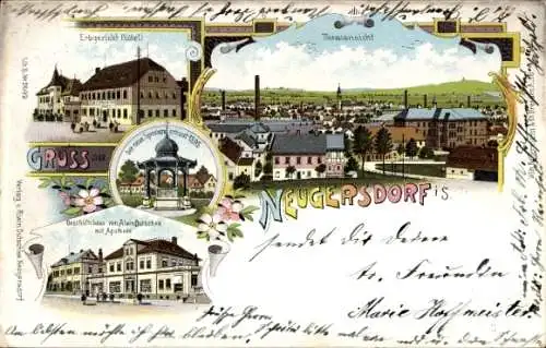 Litho Neugersdorf in der Lausitz, Erbgericht, Geschäftshaus, Apotheke, Gesamtansicht