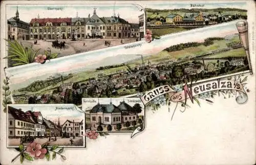 Litho Neusalza Spremberg in Sachsen, Obermarkt, Bahnhof, Gesamtansicht, Niedermarkt, Schützenhaus