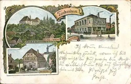 Litho Taubenheim Klipphausen in Sachsen, Schloss, Kirche, Gasthof, Brauerei