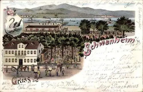 Litho Schwanheim Frankfurt am Main, Gesamtansicht, Gasthaus, Wappen