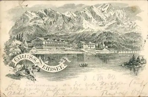 Litho Grainau in Oberbayern, Eibsee, Blick über den See