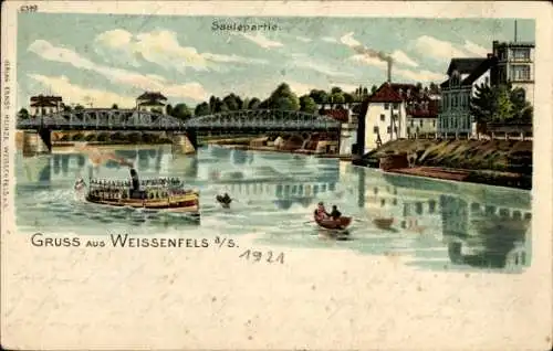 Litho Weißenfels an der Saale, Saalepartie, Boot, Dampfer