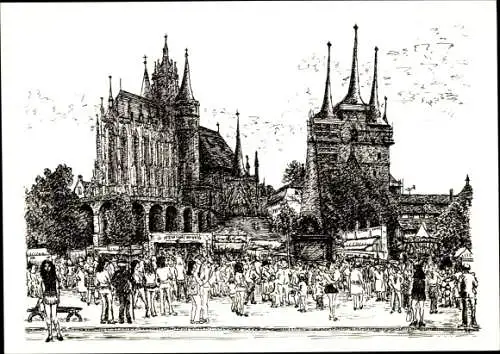 Künstler Ak Erfurt in Thüringen, Domplatz mit Dom und Severikirche, Passanten