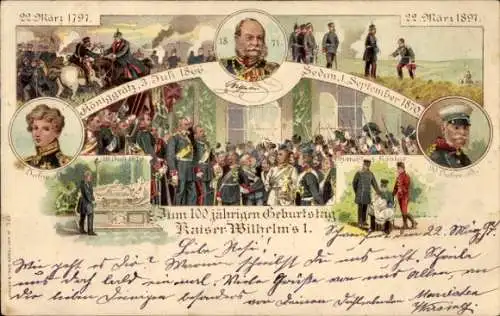 Litho 100. Geburtstag Kaiser Wilhelm I., 1797-1897, Königgrätz 1866, Sedan 1870, Versailles