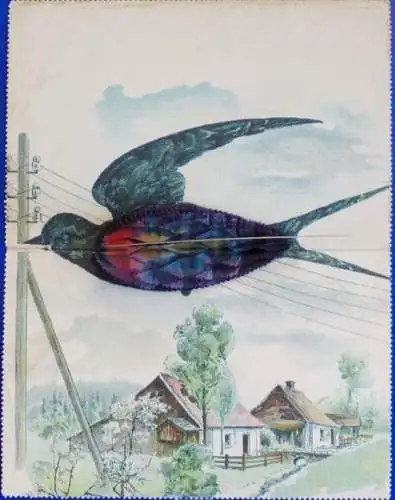 Mechanische Klapp Ak Schwalbe im Flug, Telefonleitung, Häuser