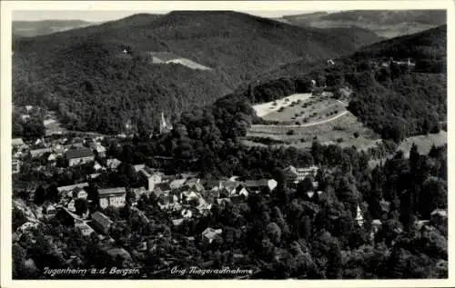 Ak Jugendheim an der Bergstraße, Luftaufnahme von Jugendheim, hügelige Landschaft, Gebäude, Bäume