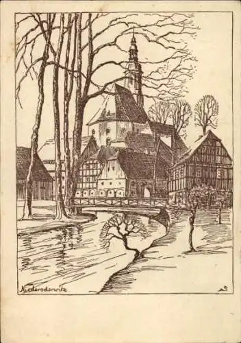 Künstler Ak Niederoderwitz Oderwitz in der Oberlausitz, Kirche, Fluss