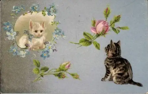Präge Ak Zwei Katzen, weißes und getigertes Kätzchen, Rose, Vergissmeinnicht