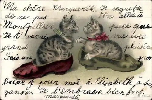 Litho Zwei junge Katzen sitzen in Schuhen