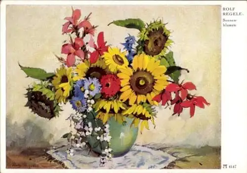 Künstler Ak Regele, R., Sonnenblumen, Blumenstrauß
