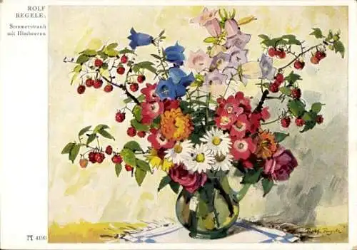Künstler Ak Regele, R., Blumenstrauß, Sommerstrauß mit Himbeeren
