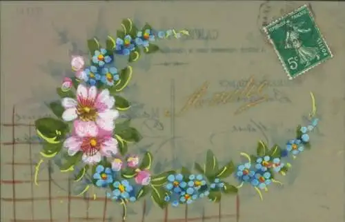 Zelluloid Ak Blumen, Vergissmeinnicht, Kitsch