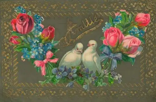 Zelluloid Ak Kitsch, Tauben, Rosen, Vergissmeinnicht
