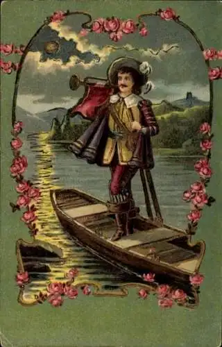 Präge Ak Trompeter von Säckingen, Ruderboot, Rosen