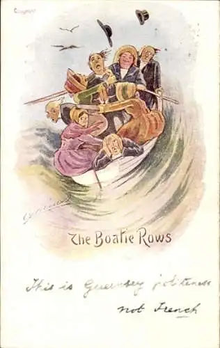 Künstler Ak Menschen im Ruderboot, Stürmischer See