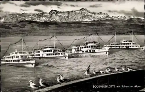 Ak Bodensee Salondampfer, Bodenseeflotte mit Schweizer Alpen, Schiffe: Oesterreich, Lindau, Ro...