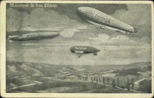 Ak Manöver in den Lüften, Zeppelin, Parseval, Luftschiff